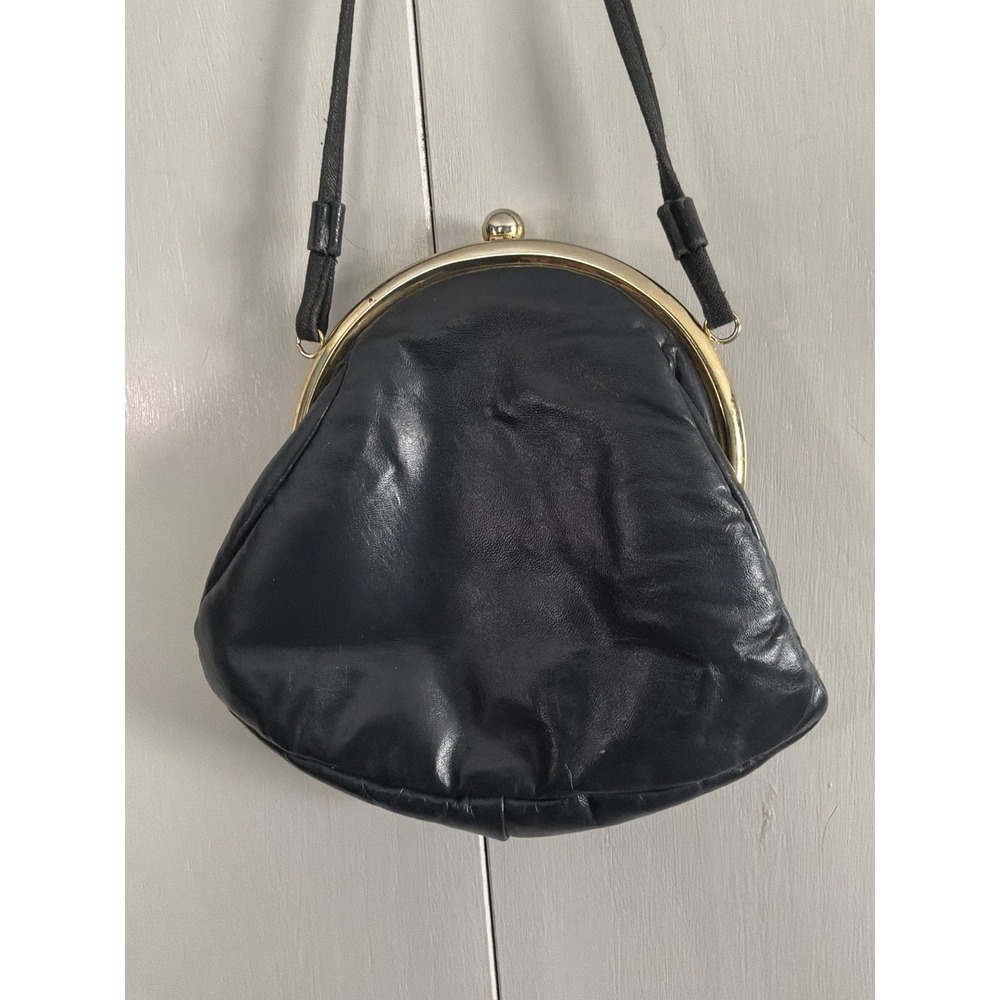 VTG Style Black Leather Or Faux Crossbody Pouch/Frame Bag With Kiss Lock Closure
